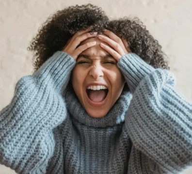 Mulher com as mãos na cabeça expressando inquietação. Pensamento invasivo.